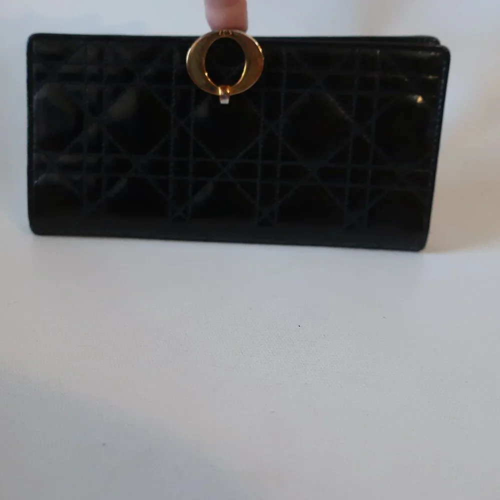 Womens Dior Black Canage Patent Leather O-Latch Quilted Vintage Long Wallet - Picture 2 of 16